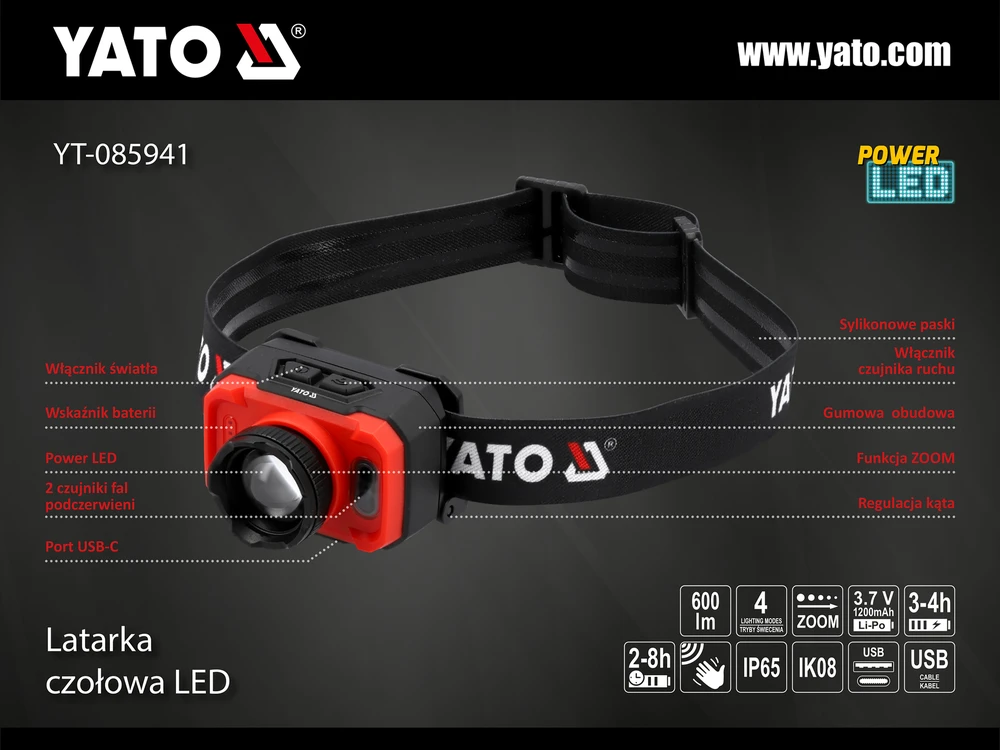 Yato Toya Sa Poland Lempa dedama ant galvos | 600LM AKU / judesio daviklis | LED (YT-085941)