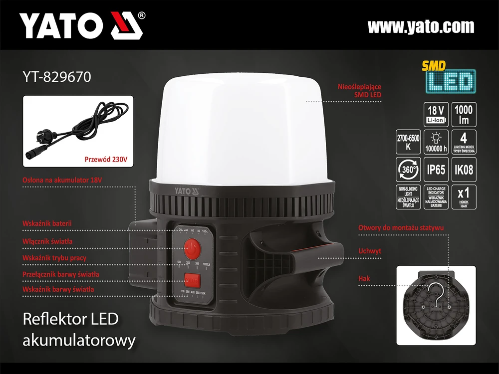 Šviestuvas Yato YT-829670; 18 V (be akumuliatoriaus ir pakrovėjo)
