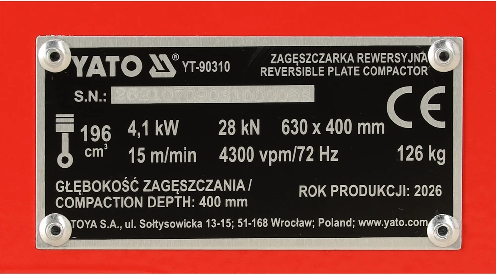 Toya Sa Poland Reversinė benzininė vibroplokštė | 28 kN | 630 × 400 mm | 126 kg (YT-90310)
