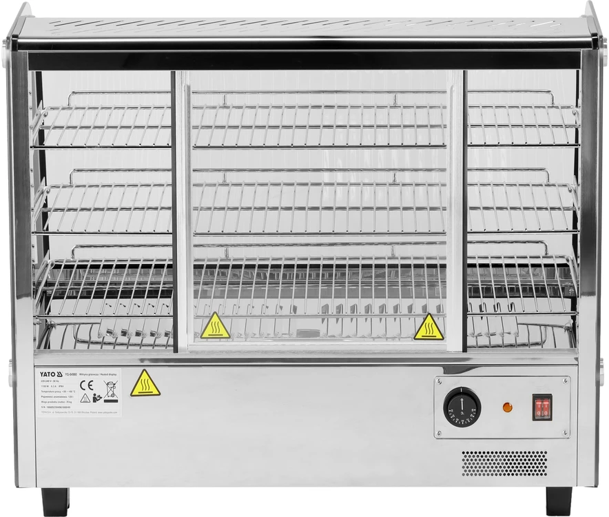 Yato Toya Sa Poland Šildoma vitrina | pastatoma | 120 l | 1100 W | 678 × 568 × 686 mm | 30–90 °C | 3 lentynos | stumdomos durys | nerūdijantis plienas ir stiklas | LED (YG-04980)