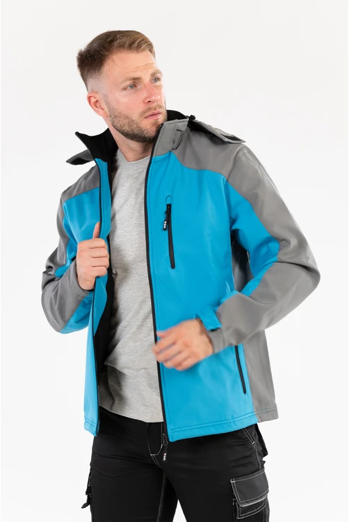 Yato Softshell striukė su gobtuvu, atspari vandeniui, kvėpuojanti, dydis 3XL, darbo striukė, Stratus striukė, pilkai mėlynas softshell