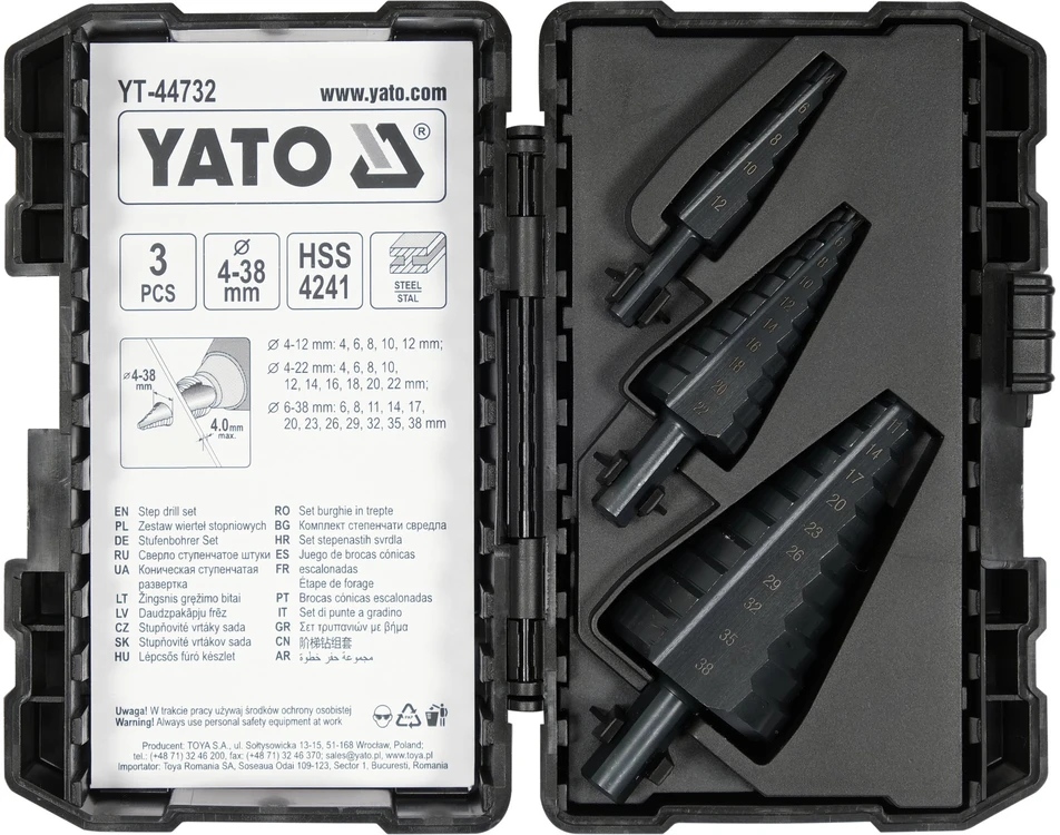 Pakopinis grąžtas Yato YT-44732; 4-12/4-22/6-38; 3 vnt.