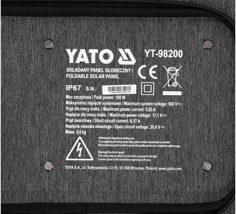 Yato Toya Sa Poland Nešiojamas sulankstomas saulės skydelis | 100 W | 4-in-1 adapteris (YT-98200)