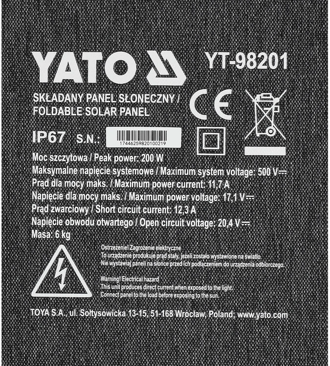 Yato Toya Sa Poland Nešiojamas sulankstomas saulės skydelis | 200 W galia | 4-in-1 adapteris (YT-98201)