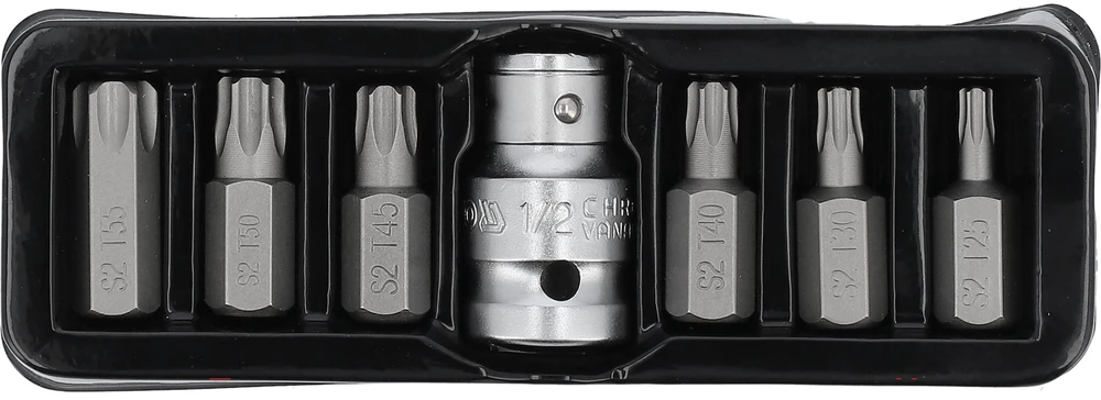 YATO TORX antgalių rinkinys 7 vnt. 0416 T25 – T55 + ADAPTERIS, SU ANGA