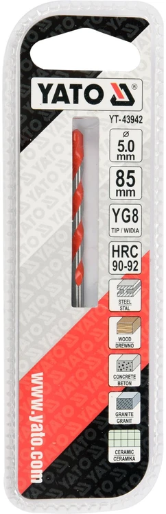 Grąžtas Yato UNIVERSALUS GRĄŽAS 5 MM X 85 MM, SKIRTAS GRĖŽTI BETONĄ, MEDIENĄ IR METALĄ