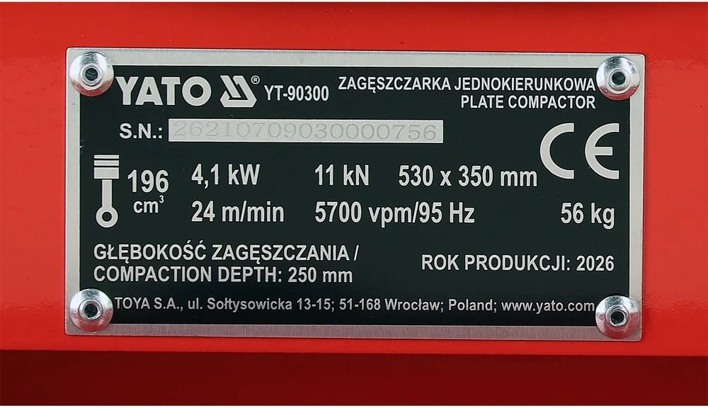 Yato Toya Sa Poland Vienkryptė benzininė vibroplokštė | 11 kN | 6,5 AG | 530 × 350 mm (YT-90300)