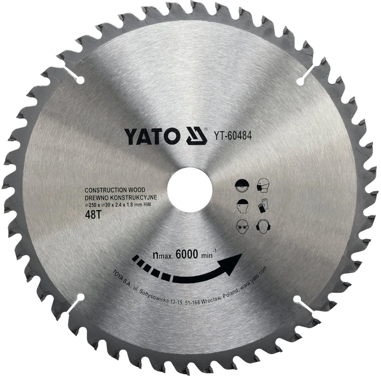 Pjovimo diskas medienai Yato YT-60484; 250x30 mm; Z48