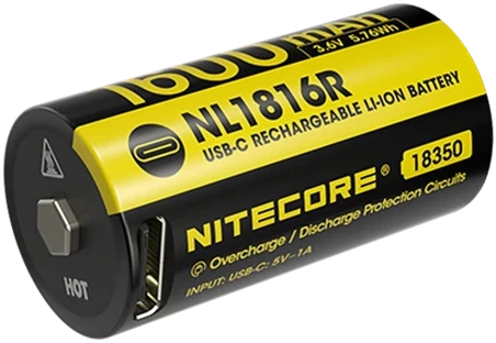 Nitecore NL1816R įkraunamas 18350 ličio jonų (Li-ion) akumuliatorius – 1600 mAh, įkrovimas per USB-C, 3 A iškrovimas, nikeliu dengtas nerūdijantis plienas