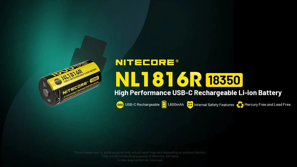 Nitecore NL1816R įkraunamas 18350 ličio jonų (Li-ion) akumuliatorius – 1600 mAh, įkrovimas per USB-C, 3 A iškrovimas, nikeliu dengtas nerūdijantis plienas