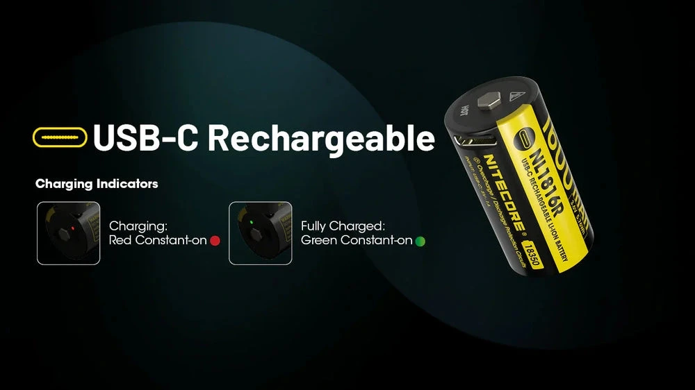 Nitecore NL1816R įkraunamas 18350 ličio jonų (Li-ion) akumuliatorius – 1600 mAh, įkrovimas per USB-C, 3 A iškrovimas, nikeliu dengtas nerūdijantis plienas
