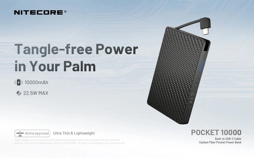 Nitecore Pocket 10000 USB-C maitinimo blokas su integruotu kabeliu
