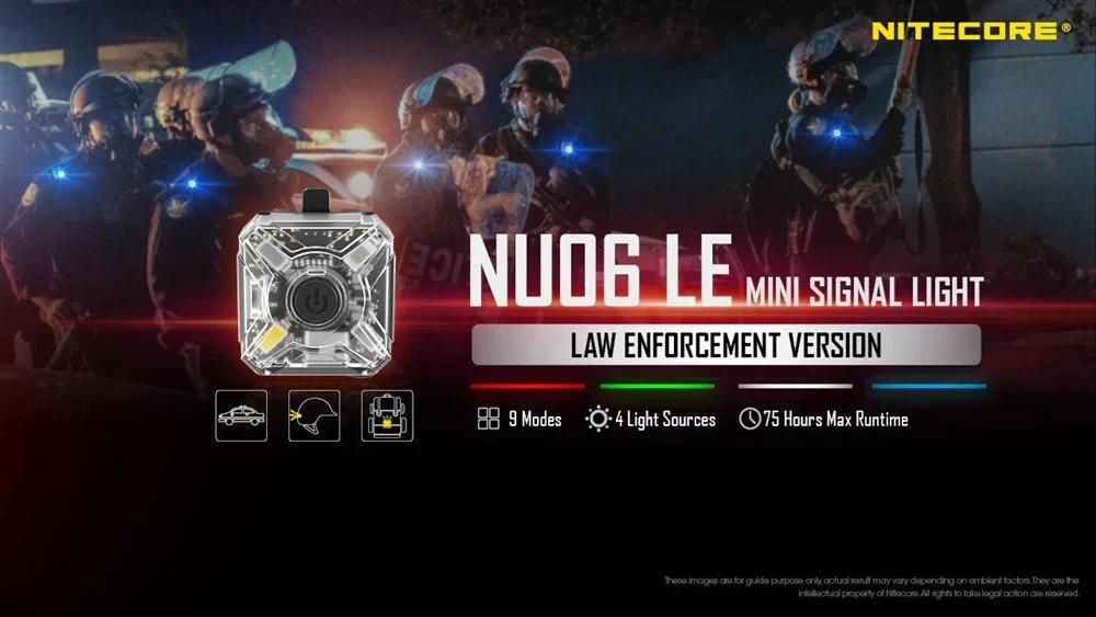 Nitecore NU06 LE mini signalinė lempa – 4 spalvų LED, 9 režimai, įkraunama per USB-C, atspari vandeniui (IP66), kompaktiškas dizainas