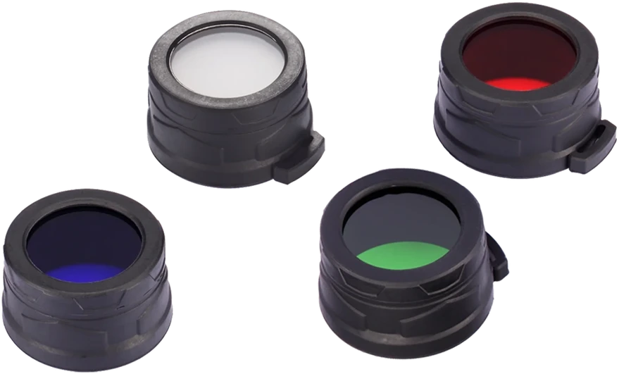 Nitecore NFR40 raudonas filtras – dvipusis mineralinis stiklas, guminis laikiklis, suderinamas su 40 mm žibintuvėlių galvutėmis, įskaitant MH25Pro, MH27, EA41 ir SR7