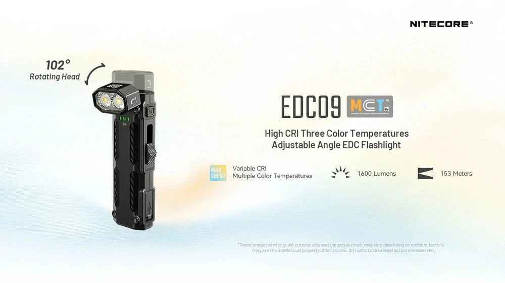Nitecore EDC09 įkraunamas EDC žibintuvėlis – 1 600 liumenų, 3 spalvinės temperatūros, 102° pasukama galvutė, USB-C, nerūdijantis plienas, atsparus vandeniui (IPX6)