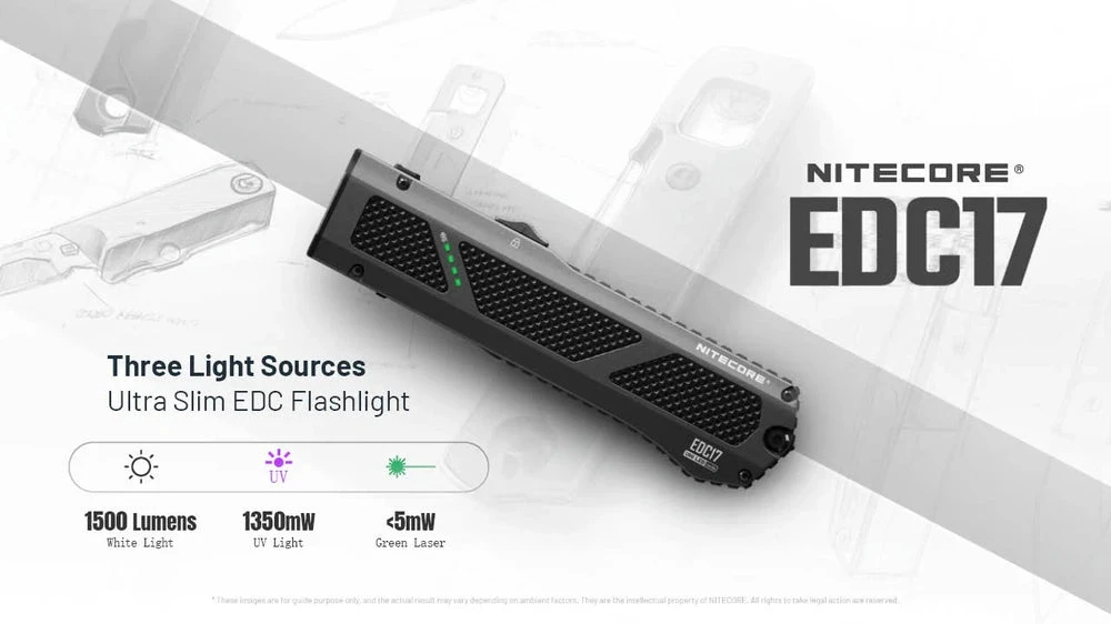 Nitecore EDC17 žibintuvėlis – 1 500 liumenų balta šviesa, UV ir žalias lazeris, įkraunamas per USB-C, nerūdijantis plienas, atsparus vandeniui (IPX7), kompaktiškas dizainas
