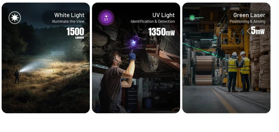 Nitecore EDC17 žibintuvėlis – 1 500 liumenų balta šviesa, UV ir žalias lazeris, įkraunamas per USB-C, nerūdijantis plienas, atsparus vandeniui (IPX7), kompaktiškas dizainas