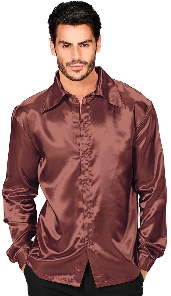 70-ųjų disko rudi satino marškiniai vyrams