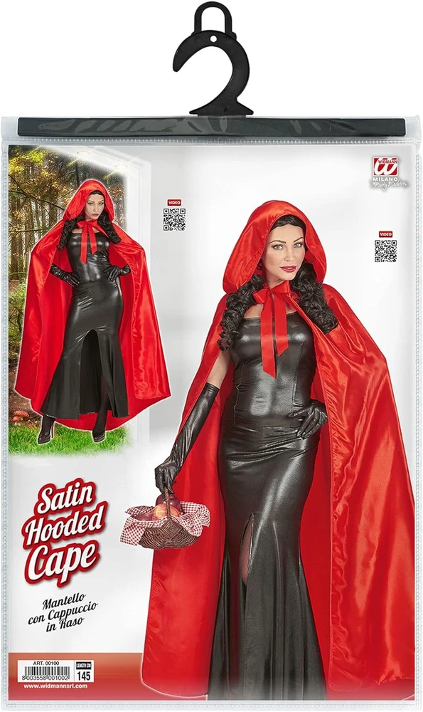 Raudonas satininis apsiaustas su gobtuvu (145 cm)