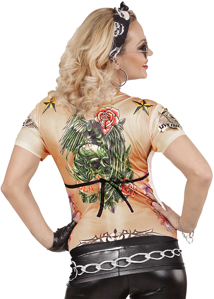 Rokeriški / baikeriški marškinėliai su tatuiruočių spauda moterims