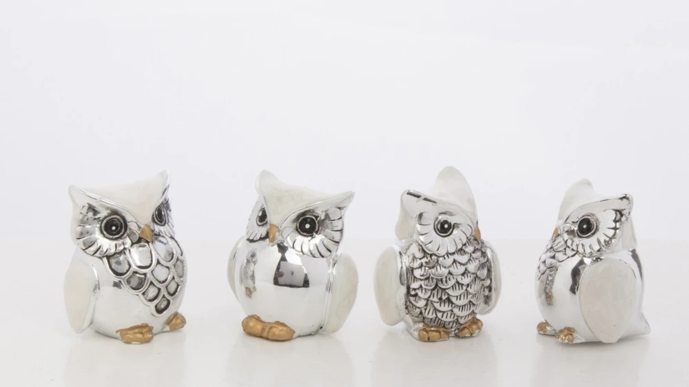 Art-Pol Figūrėlė Pelėda (4vnt kompl.), plastikinė, sidabrinė/balta, 3,5x3x3(A) cm