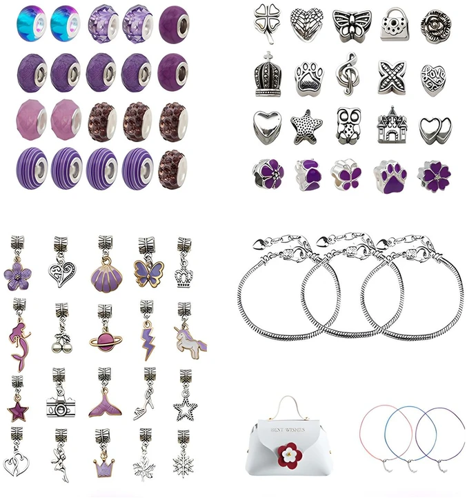 66 dalių violetinis papuošalų gamybos rinkinys su kosmetine