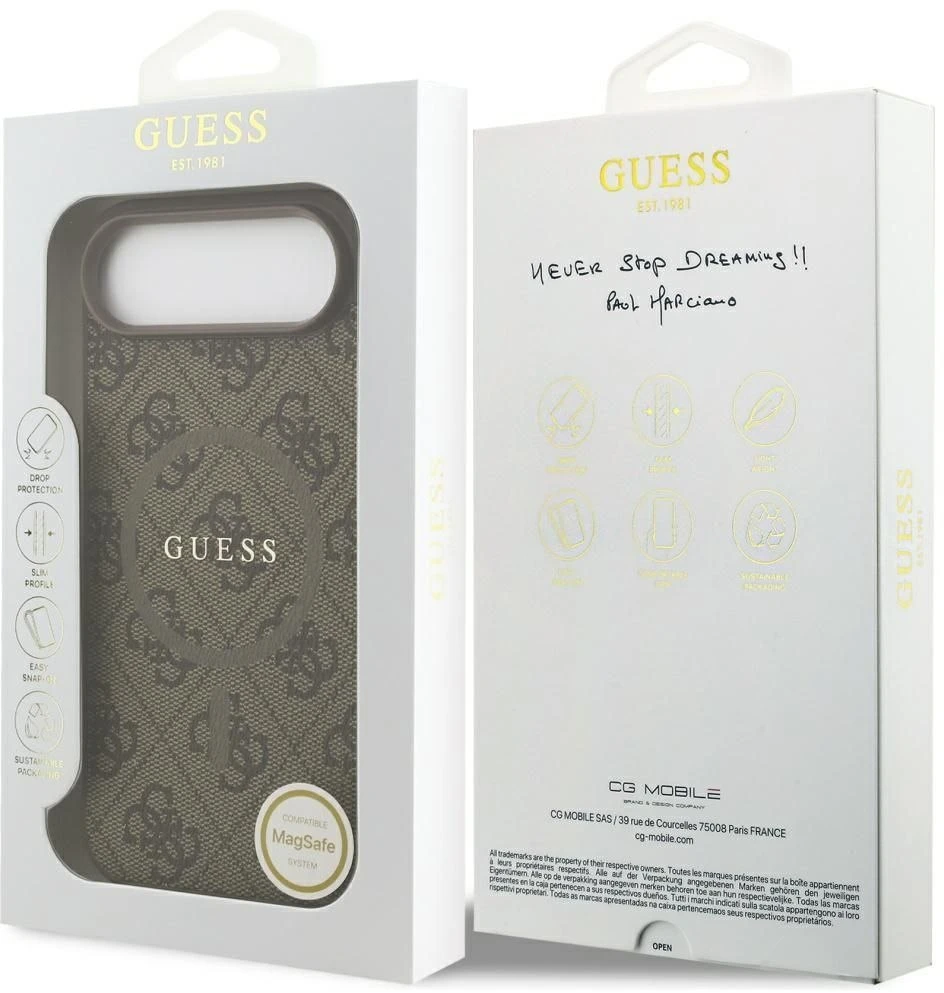 GUESS dėklas, skirtas IPHONE 17 Air, suderinamas su MagSafe GUHMP17MG4GFRW (PU 4G Ring Classic Logo) rudas