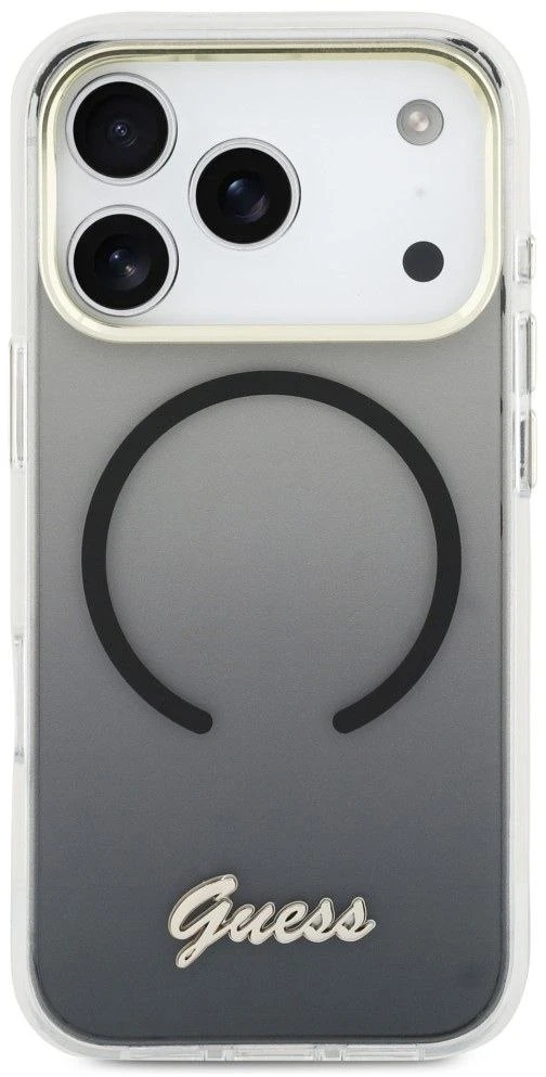 GUESS dėklas, skirtas IPHONE 17 Pro, suderinamas su MagSafe GUHMP17L5HTGMCSK (IML Gradient Script Metal) juodas