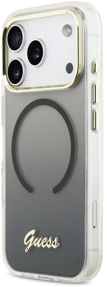 GUESS dėklas, skirtas IPHONE 17 Pro, suderinamas su MagSafe GUHMP17L5HTGMCSK (IML Gradient Script Metal) juodas