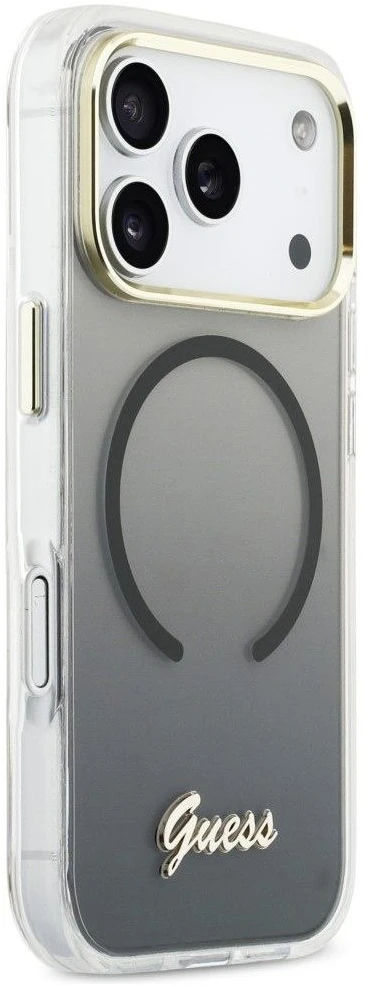 GUESS dėklas, skirtas IPHONE 17 Pro, suderinamas su MagSafe GUHMP17L5HTGMCSK (IML Gradient Script Metal) juodas
