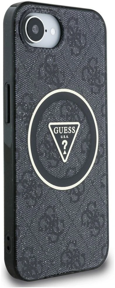 GUESS dėklas, skirtas IPHONE 16e (SE 4 2025) suderinamas su MagSafe GUHMPSE4HG4PRTGK (IML Metal Glitter 4G Circle Triangle) juodas