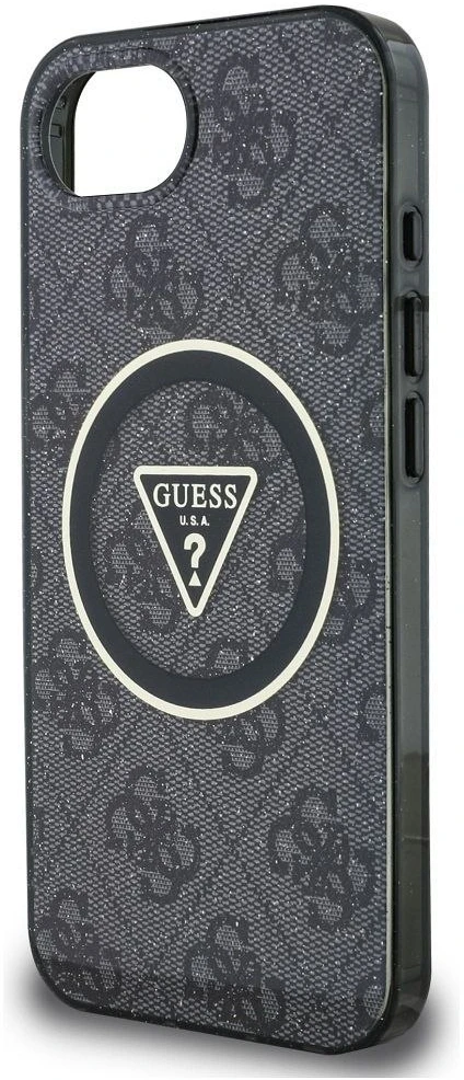 GUESS dėklas, skirtas IPHONE 16e (SE 4 2025) suderinamas su MagSafe GUHMPSE4HG4PRTGK (IML Metal Glitter 4G Circle Triangle) juodas