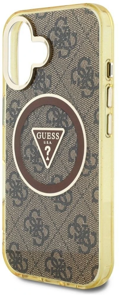 Dėklas Guess IML Metal Glitter 4G Circle Triangle MagSafe iPhone 16 rudos spalvos