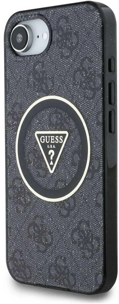 GUESS dėklas, skirtas IPHONE 16e (SE 4 2025) suderinamas su MagSafe GUHMPSE4HG4PRTGK (IML Metal Glitter 4G Circle Triangle) juodas