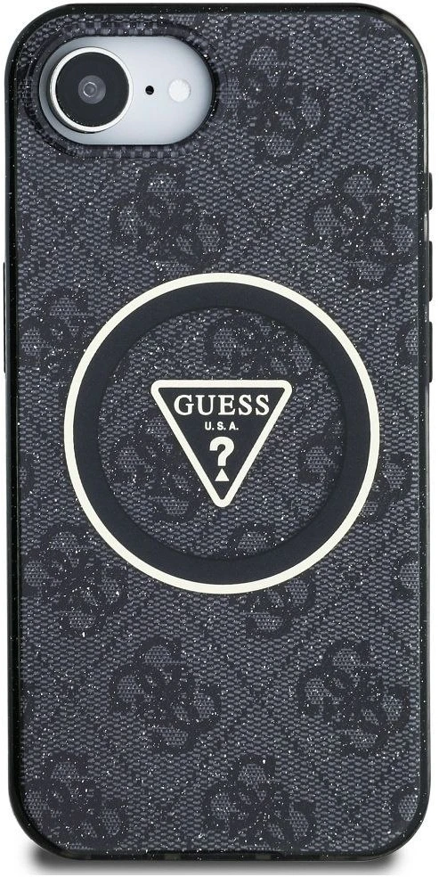 GUESS dėklas, skirtas IPHONE 16e (SE 4 2025) suderinamas su MagSafe GUHMPSE4HG4PRTGK (IML Metal Glitter 4G Circle Triangle) juodas