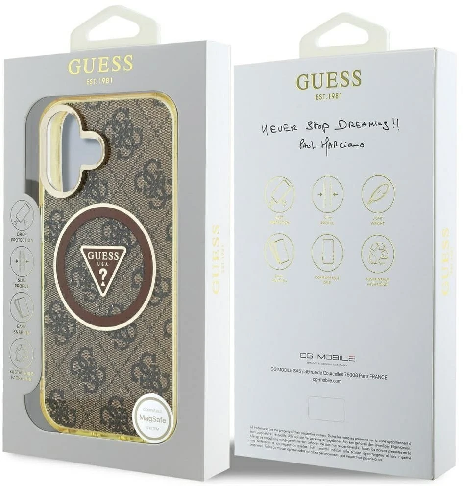 Dėklas Guess IML Metal Glitter 4G Circle Triangle MagSafe iPhone 16 rudos spalvos