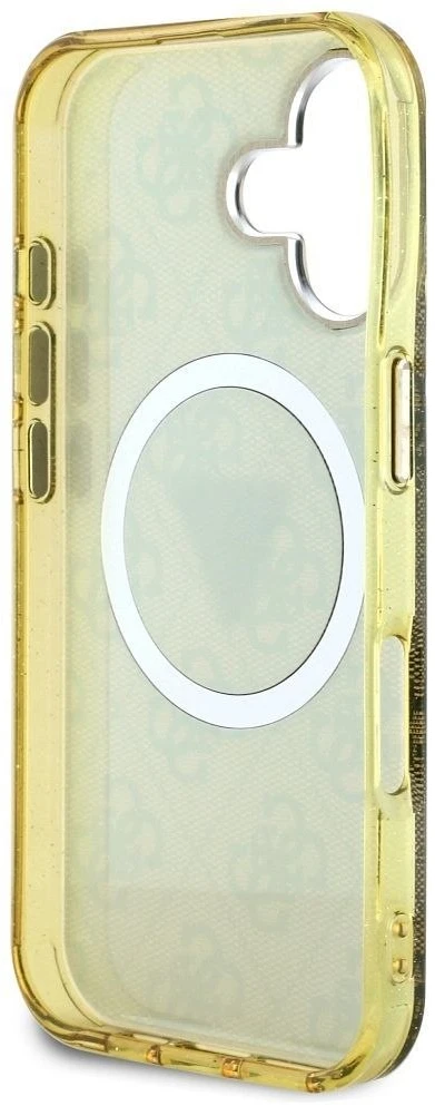 Dėklas Guess IML Metal Glitter 4G Circle Triangle MagSafe iPhone 16 rudos spalvos