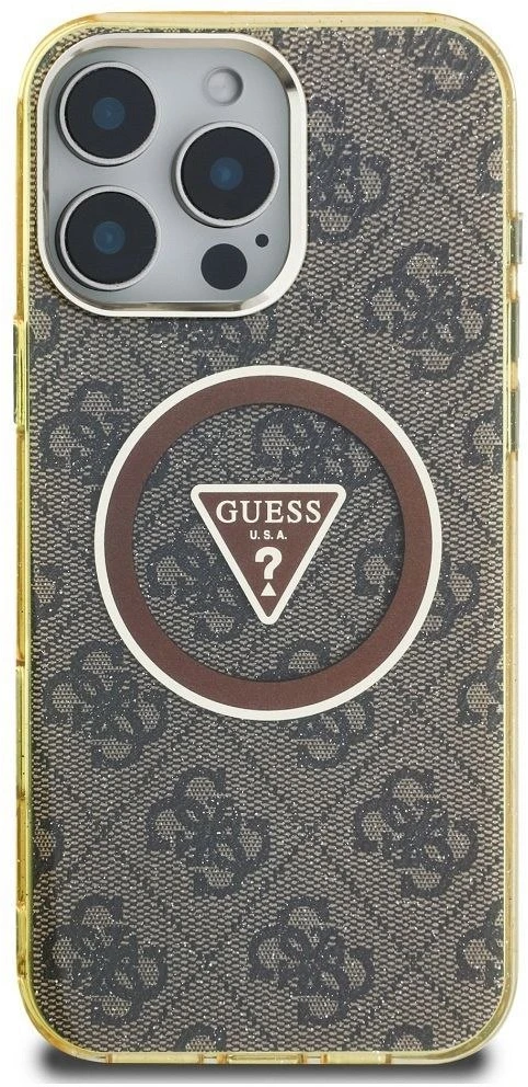 Dėklas Guess IML Metal Glitter 4G Circle Triangle MagSafe, skirtas Phone 16 Pro, rudos spalvos