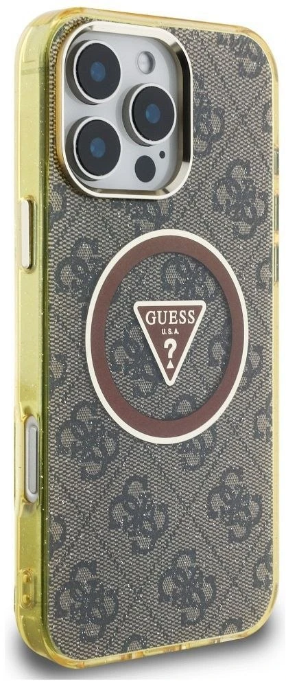 Dėklas Guess IML Metal Glitter 4G Circle Triangle MagSafe, skirtas Phone 16 Pro, rudos spalvos