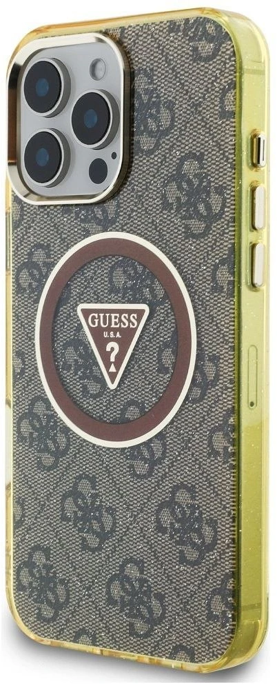 Dėklas Guess IML Metal Glitter 4G Circle Triangle MagSafe, skirtas Phone 16 Pro, rudos spalvos