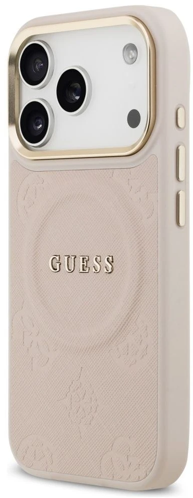 GUESS dėklas, skirtas IPHONE 17 Pro, suderinamas su MagSafe GUHMP17LPSAMSECP (PU su bijūnų karštu antspaudu), rožinis