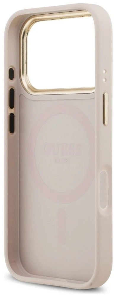 GUESS dėklas, skirtas IPHONE 17 Pro, suderinamas su MagSafe GUHMP17LPSAMSECP (PU su bijūnų karštu antspaudu), rožinis