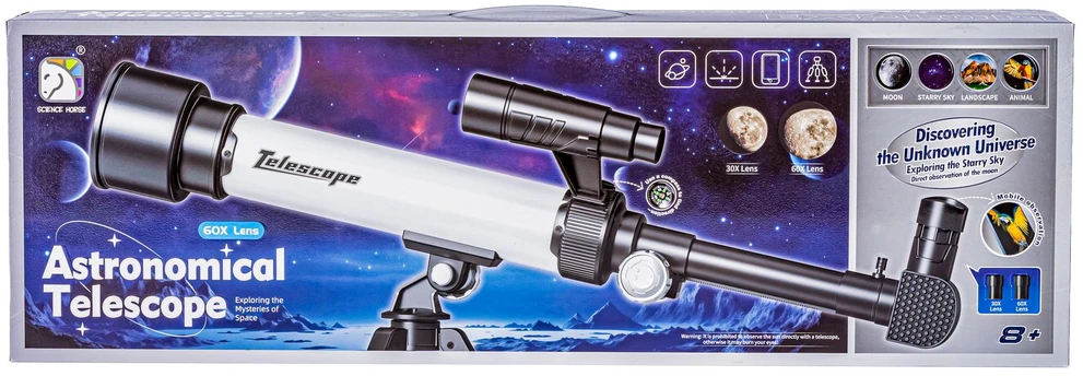 Astronominis teleskopas su trikoju ir priedais mėlynas pradedantiesiems