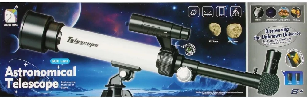 Astronominis teleskopas su trikoju ir priedais mėlynas pradedantiesiems