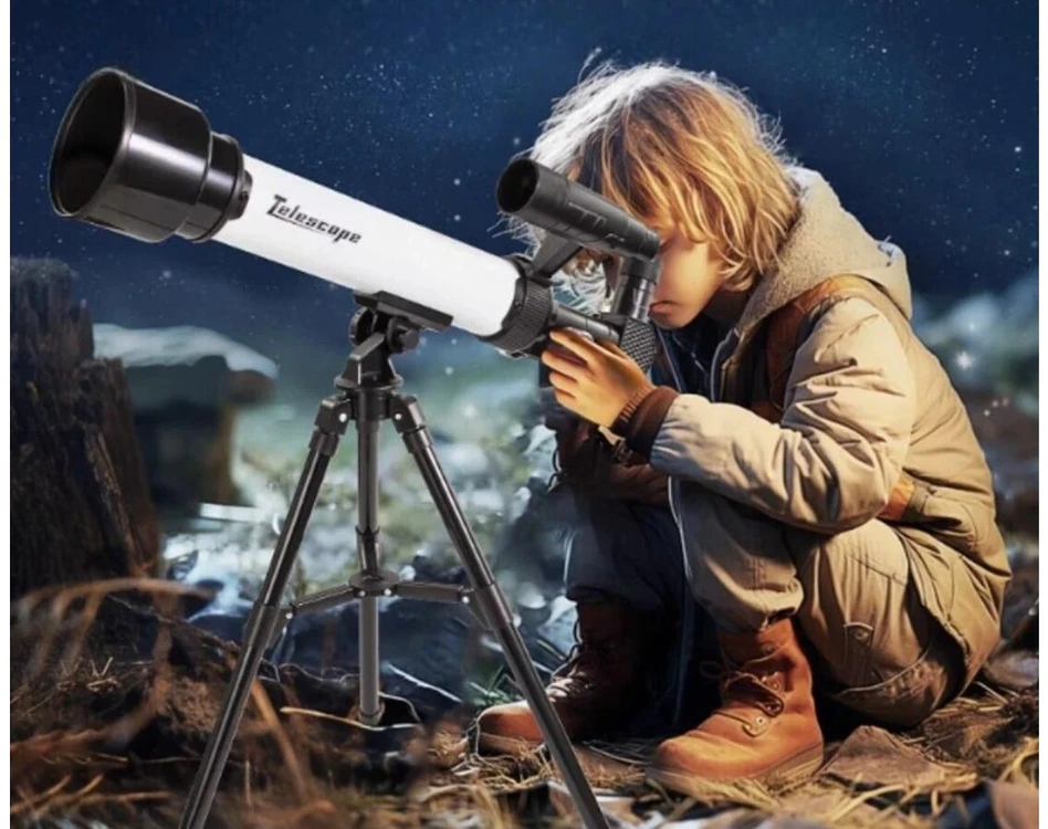 Astronominis teleskopas su trikoju ir priedais mėlynas pradedantiesiems