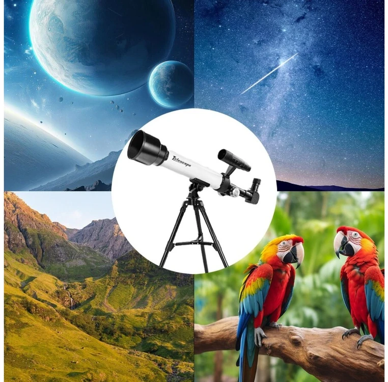 Astronominis teleskopas su trikoju ir priedais mėlynas pradedantiesiems