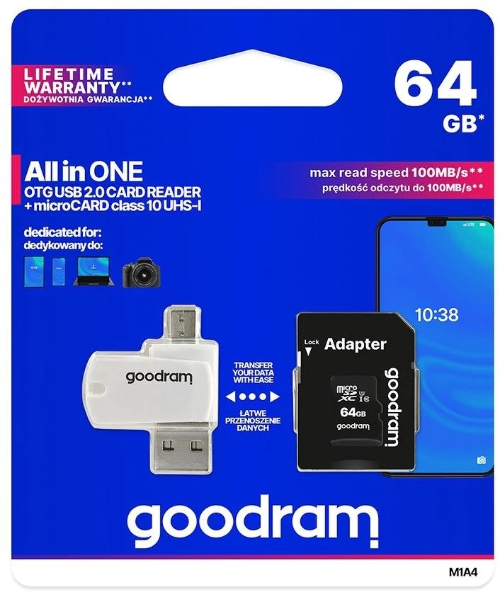 Oem 64GB 100 MB/s Micro SD atminties kortelė Goodram M1A4 - OTG adapteris