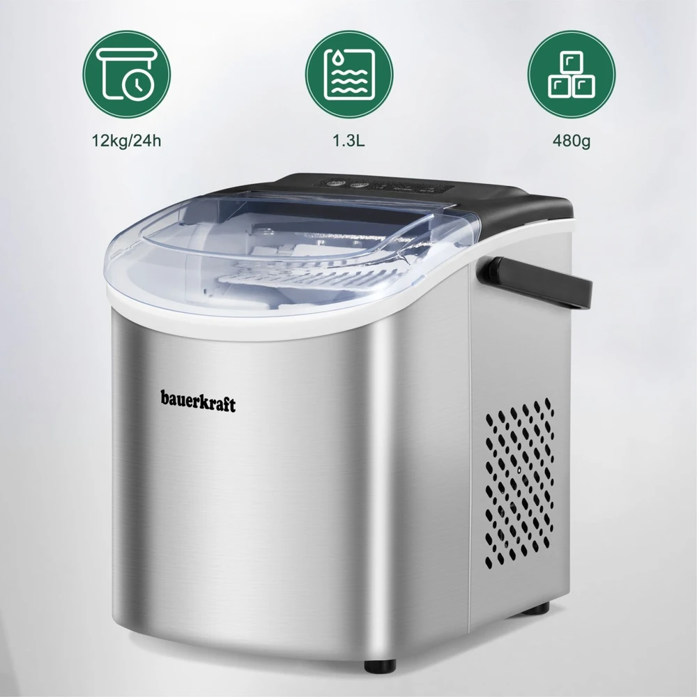 Automatinis tylus efektyvus Bauerkraft ledo kubelių gamintojas, paprastas naudoti, 12 kg/24 val., sidabro spalvos