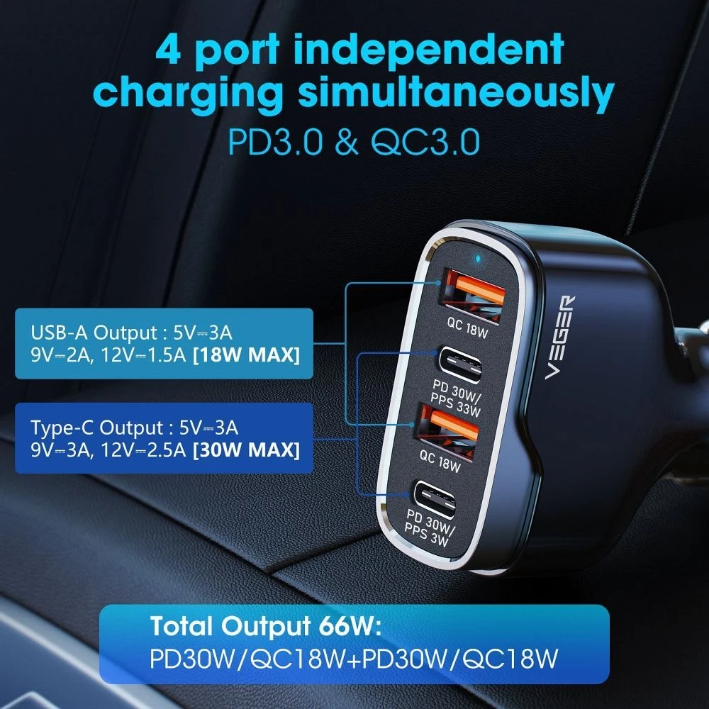 Car charger VEGER 2 x USB A + 2 x Typ C PD QC 3A 66W CC53-2A2C juodas