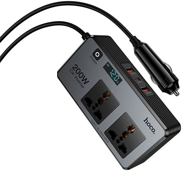 Išmanus dvigubas automobilio inverterinis įkroviklis Hoco 2 žiebtuvėlių jungtys max 200W PD66W/1C2A Z66 juodas